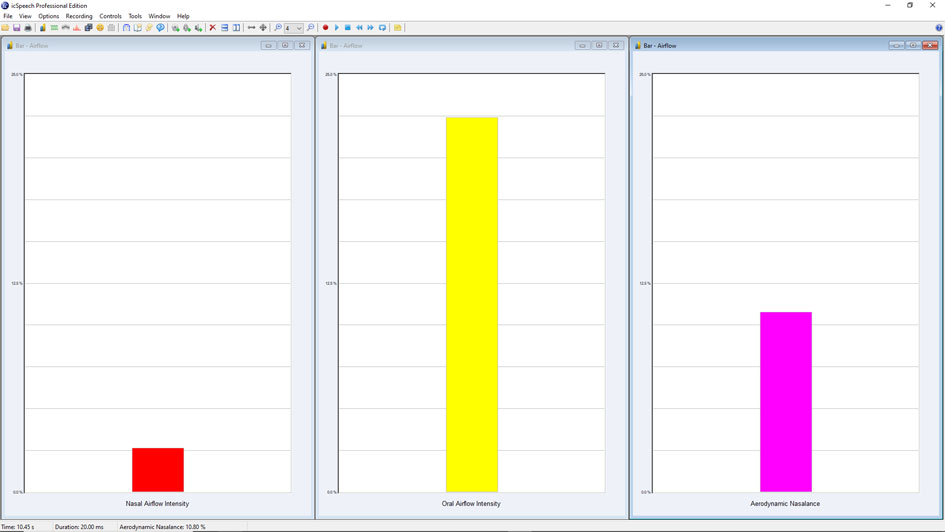 icSpeech Professional Edition • aerodynamic nasalance, nasal and oral airflow dynamic bar charts